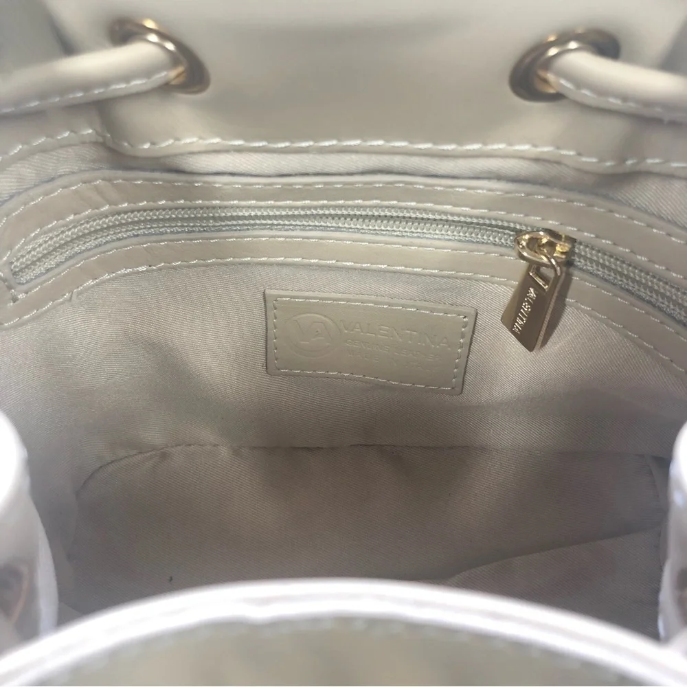 Valentina Backpack‎ Purse Beige Leather Croc Embossed Drawstring Travel Luxury